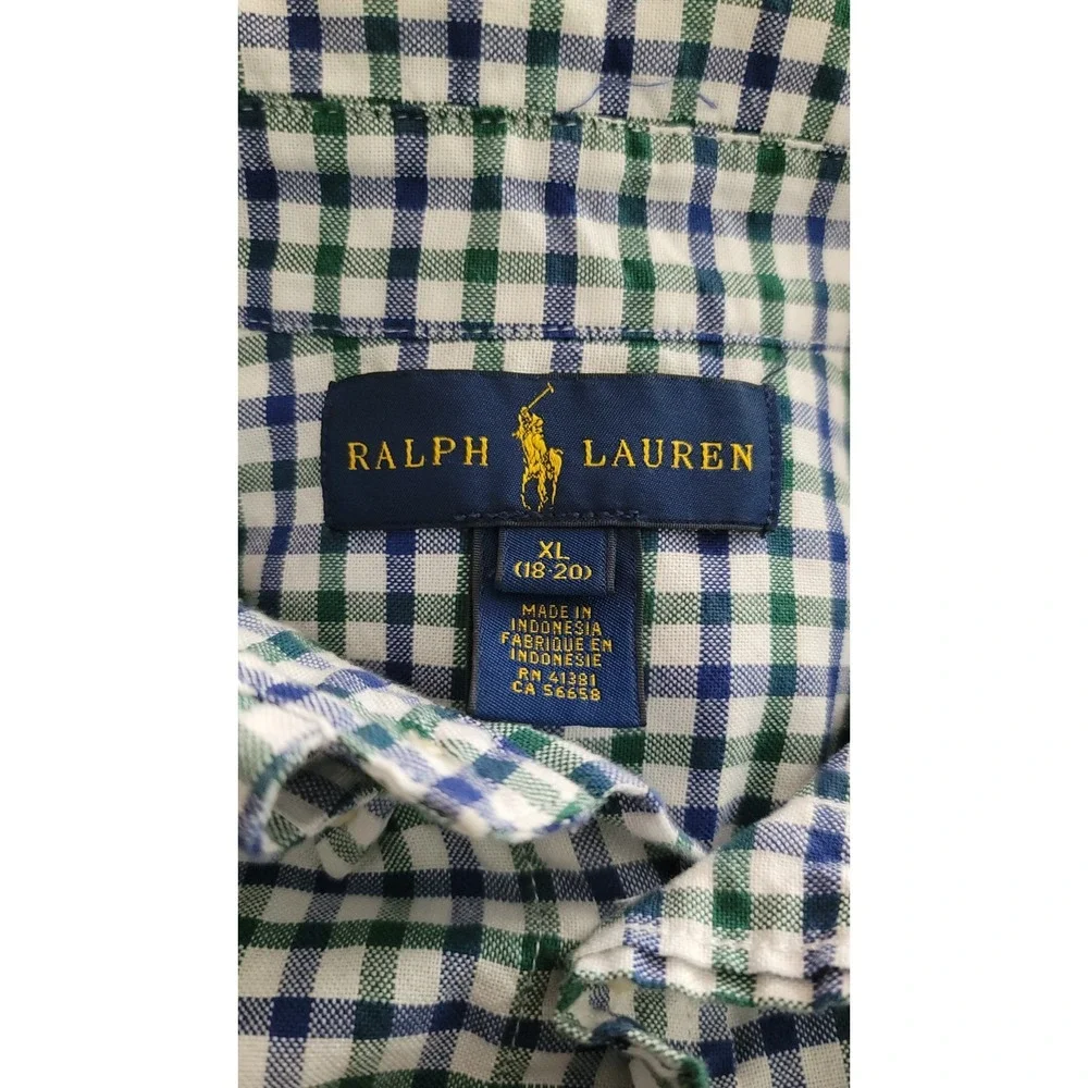 Ralph Lauren Boys Green Blue Check Long Sleeve‎ Shirt Size XL (18-20)